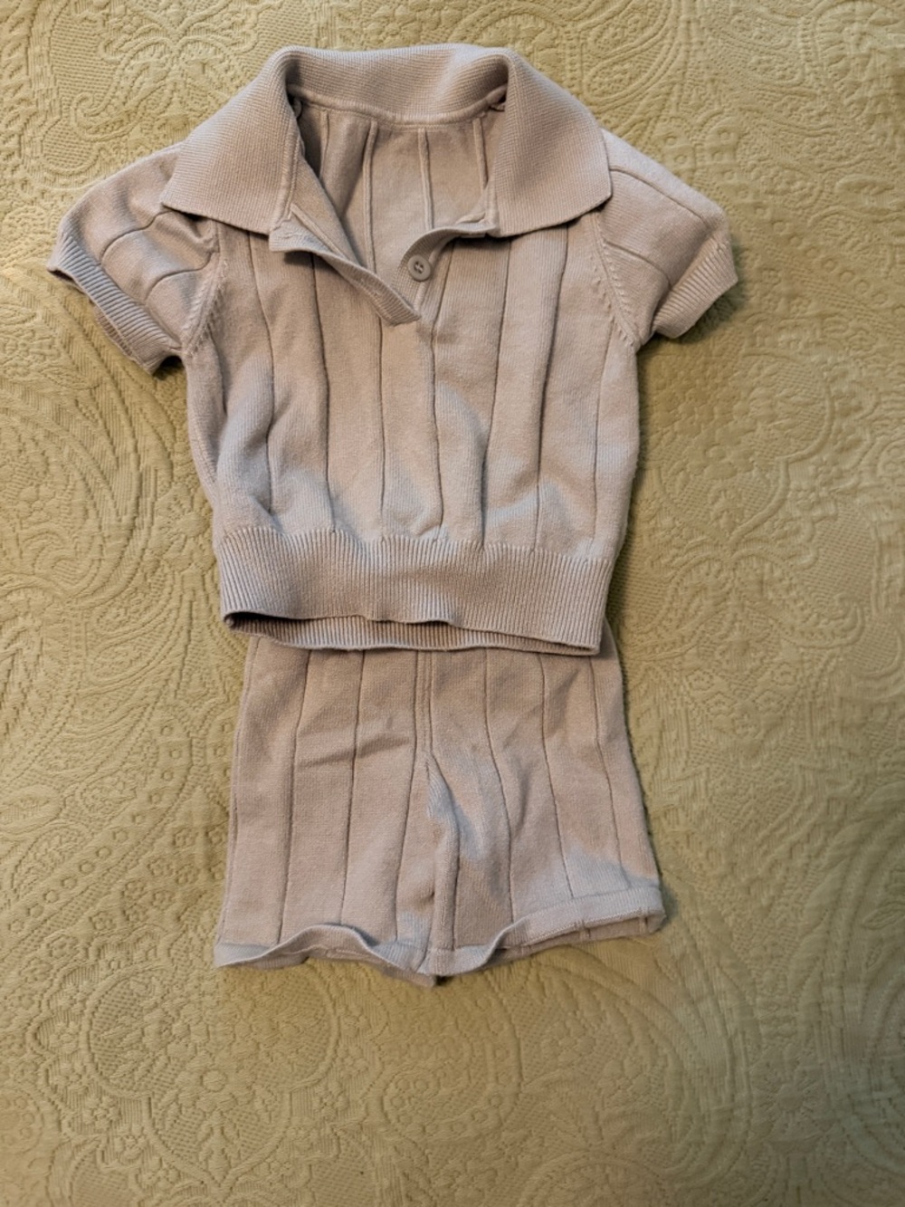 Kids Beige Knit Matching Set - 100% cotton Short Sleeve Polo Top & Shorts